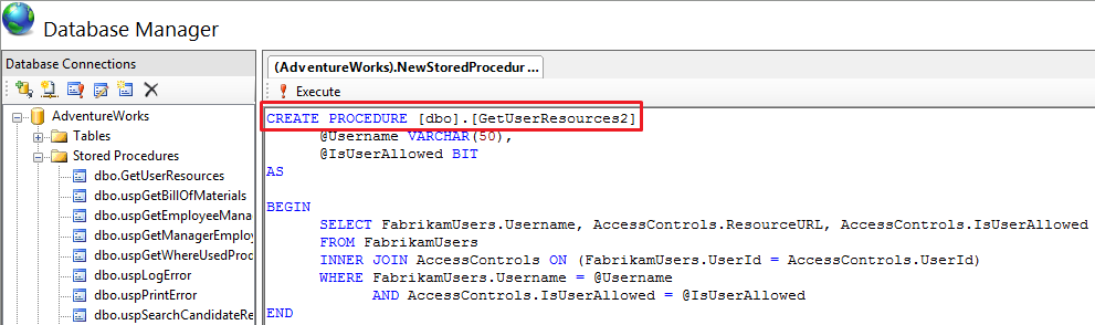 Screenshot of the Database Manager. Create Procedure is highlighted.