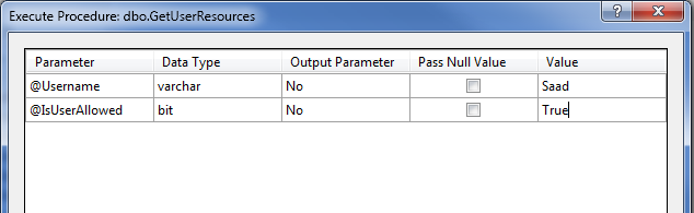 Screenshot of the Execute Procedure d b o dot Get User Resources dialog box. V A R C H A R is written in the username row in the Data Type column. A boolean value b i t is written in the Is User Allowed row in the Data Type column.