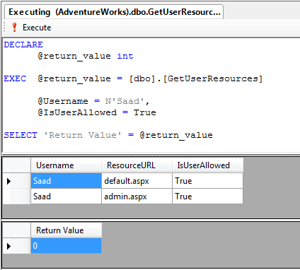 Screenshot of a query editor window. An EXEC statement is written. The lower pane contains the results of the stored procedure.