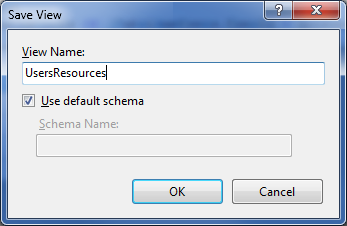 Screenshot of the Save View dialog box. In the View Name box, Users Resources is written. Use default schema is selected.