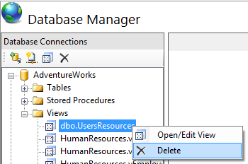 Screenshot of the Database Connections node. The Views node is expanded and d b o dot Users Resources is selected. Delete is selected.