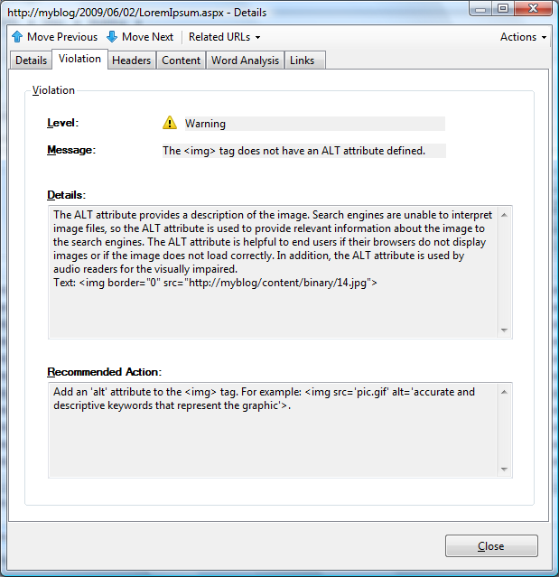 Screenshot showing violation details dialog box.