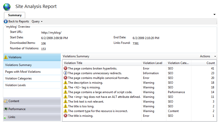 Screenshot of Site Analysis Report window showing the summary page.