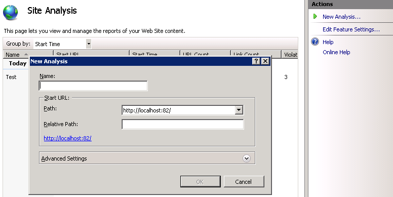 Screenshot of the S E O Toolkit Site Analysis page. The New Analysis dialog box is open.