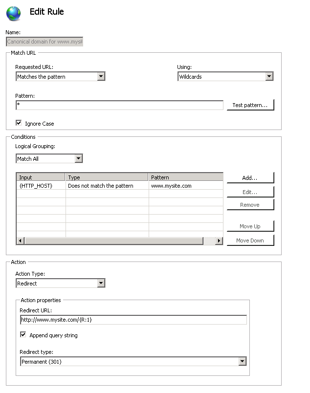 Screenshot of Edit Rule pane with sections for domain Name, URL, Conditions, and Action.