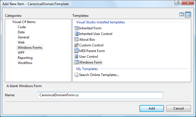 Screenshot of Add New Item dialog with a Windows Form template selected.