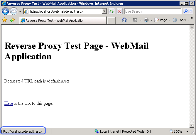 Screenshot of the Reverse Proxy Test Page Web Mail Application. At the bottom the U R L h t t p colon slash local host slash default dot a s p x is highlighted.