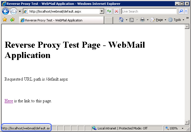 Screenshot of the Reverse Proxy Test Page Web Mail Application. The link at the bottom is h t t p colon slash slash local host slash web mail slash default dot a s p x.