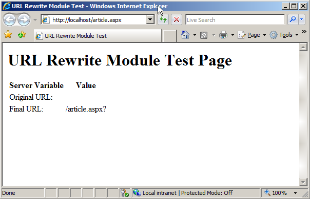 Screenshot of the U R L Rewrite Module Test Page webpage.