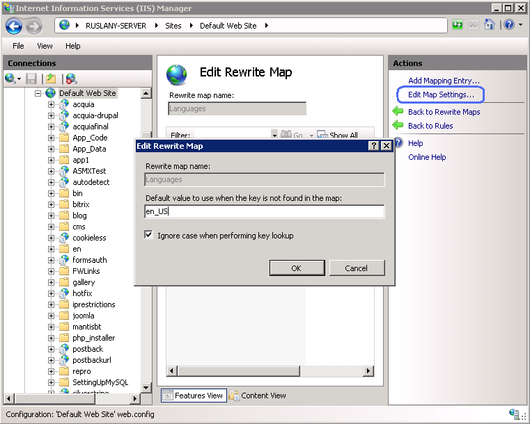 Screenshot of the Edit Rewrite Map dialog box showing E N underscore U S as the default value to use when the key is not found in the map.