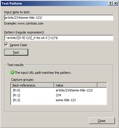 Screenshot of the Test Pattern dialog box. A string is inserted in the Input data to test box.