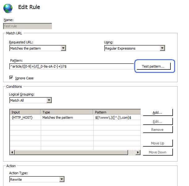 Screenshot of the Edit Rule page. The Test pattern button is highlighted.