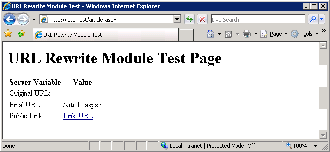 Screenshot of a browser screen displaying the U R L Rewrite Module Test Page.