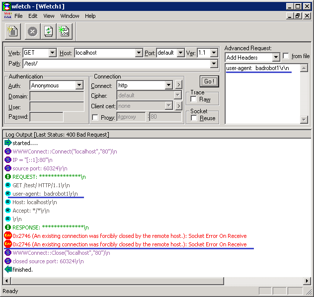 Screenshot of the w fetch one dialog page. The connection is aborted because the user agent string has matched one of the strings in disallowed user agents dot t x t file.