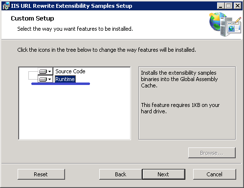Screenshot of the I I S U R L Rewrite Extensibility Samples Setup dialog box. The Runtime icon is highlighted.