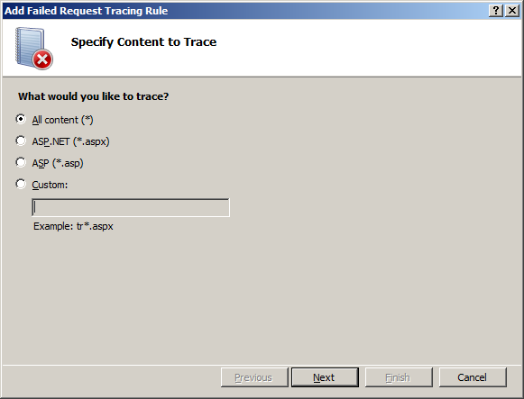 Screenshot of the Add Failed Request Tracing Rule dialog with All content (asterisk) selected.