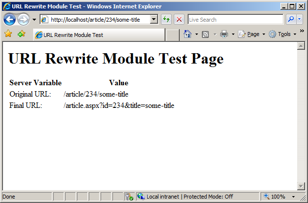 Screenshot of the U R L Rewrite Module Test Page that displays the original U R L and the rewritten version.