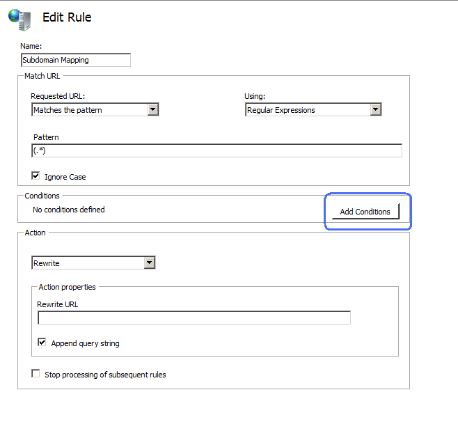 Screenshot of the Edit Rule page. In the Conditions category, Add Conditions is highlighted.