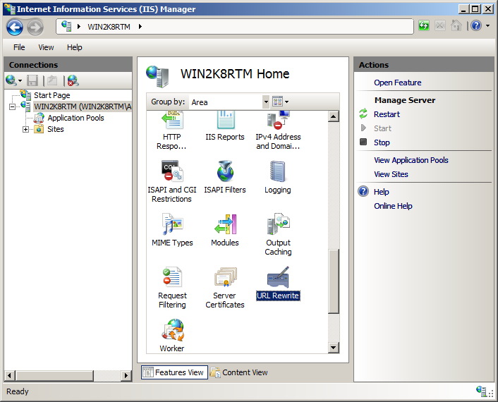 Screenshot of the WIN two K eight R T M home page. The U R L Rewrite icon is highlighted.
