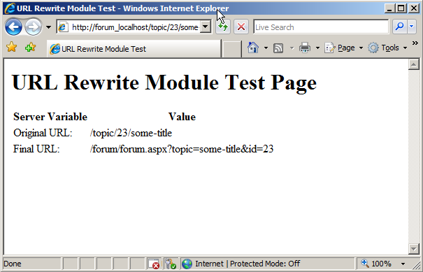 Screenshot of the U R L Rewrite Module Test Page. The U R L string has changed.