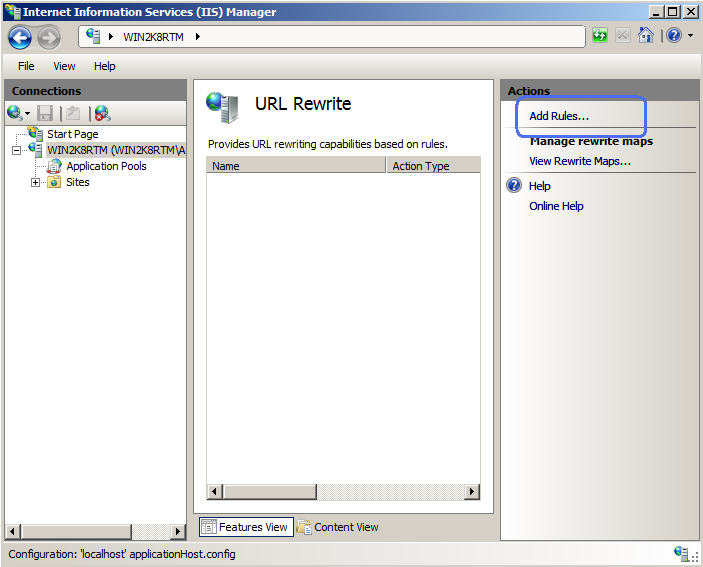 Screenshot of the U R L Rewrite page. In the Actions pane Add Rules is highlighted.