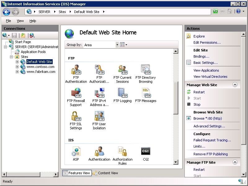 Screenshot of the Default Web Site Home pane in the I I S Manager.