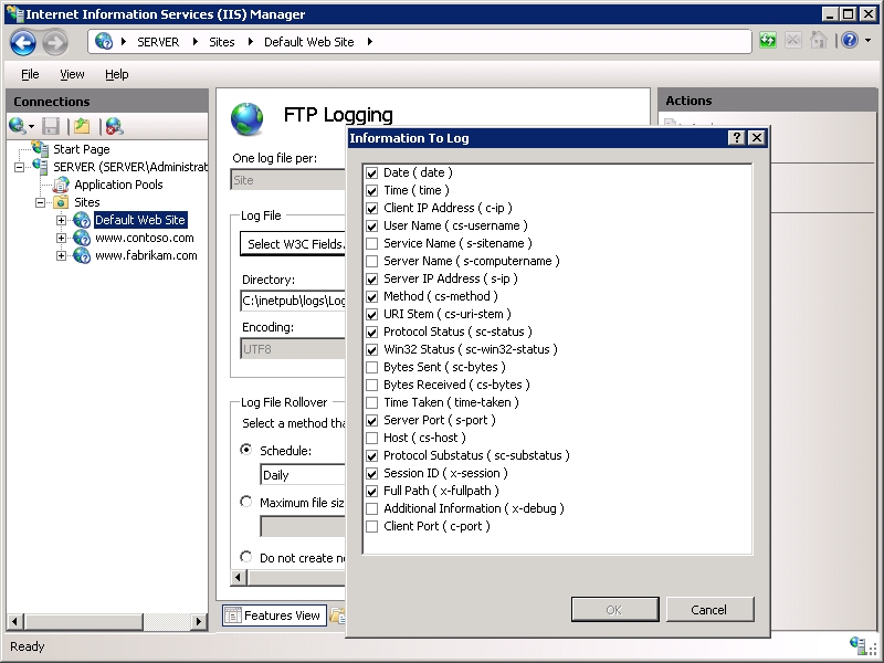 Screenshot of the Information to Log dialog over the F T P Logging pane in the I I S Manager.