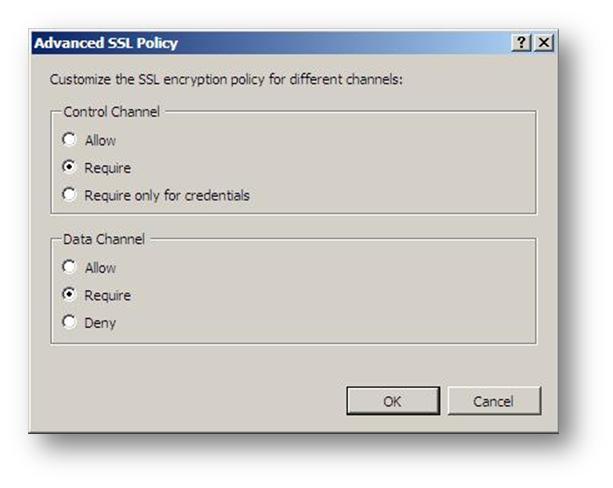Screenshot of the Advanced S S L Policy dialog with Control Channel and Data Channel set as Required.