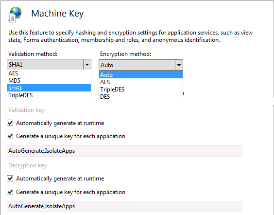 Screenshot of the Machine Key dialog box. the S H A one Validation Method is selected. The Auto Encryption method is selected.
