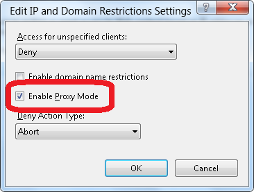 Screenshot that shows the Edit and Domain Restrictions Settings dialog box. Enable Proxy Mode is selected in the checkbox.