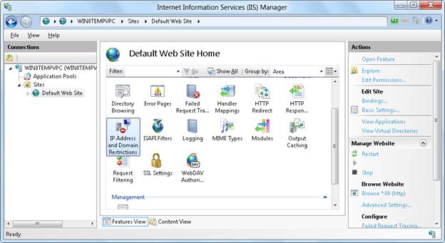 Screenshot that shows the I I S Manager. I P Address and Domain Restrictions is selected in the Default Web Site Home pane.