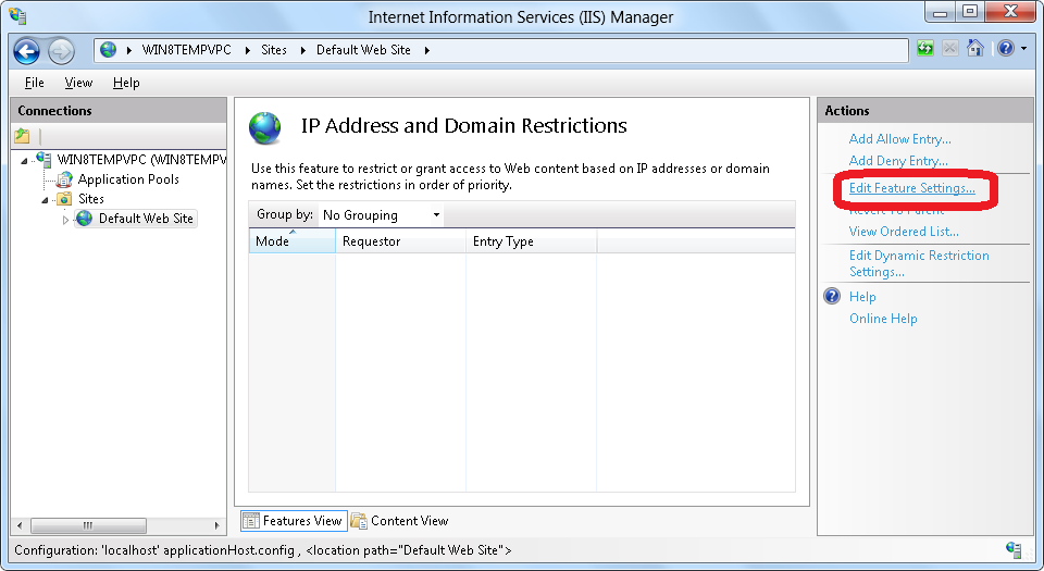 Screenshot that shows the I P Address and Domain Restrictions pane, with Edit Feature Settings highlighted in the Actions pane.