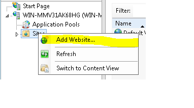 Screenshot that shows the context menu for Sites.