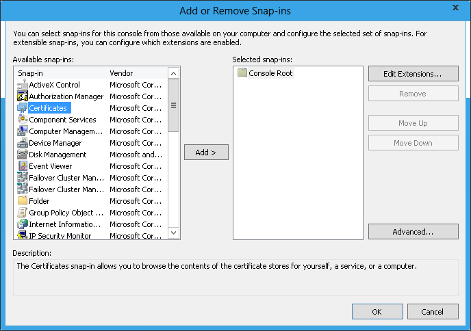 Screenshot that shows the Add or Remove Snap ins dialog box with Certificates selected under Available snap ins.