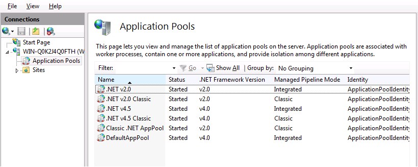 Screenshot of Application Pools node with list of application pools installed for use by I I S 8 dot 0.