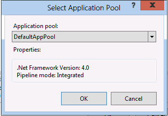 Screenshot of Select Application Pool dialog box displaying Default App Pool and its properties in Application pool.