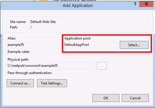 Screenshot of Add Application dialog box with Application Pool and Default App Pool displayed next to Select button highlighted.