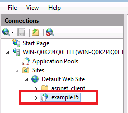 Screenshot of Default Web Site treeview showing Default Web Site and the highlighted icon for example 35 folder that has been changed.