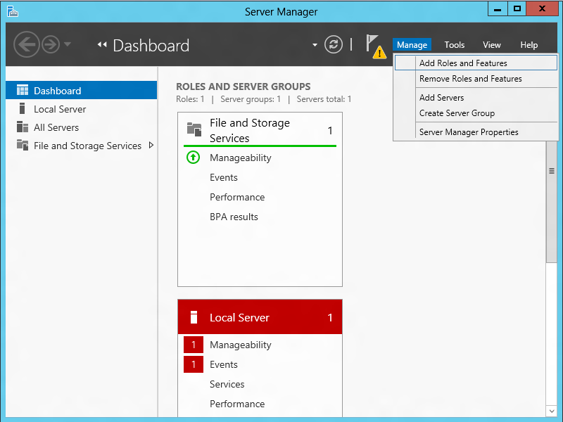 Screenshot of the Server Manager dashboard page. The Manage menu item is expanded.