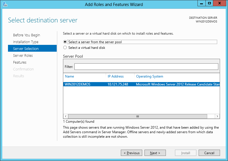 Screenshot of the Add Roles and Features Wizard window. The Select destination server page is in the main pane. 