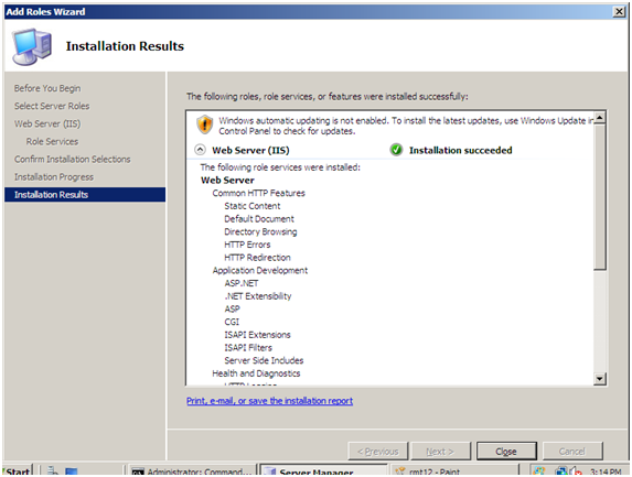 Screenshot of the Installation Results page in the Add Roles Wizard.
