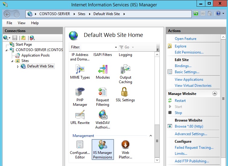 Screenshot of the Internet Information I I S Manager. The Sites node is shown in the left pane. The I I S Manager icon is selected.