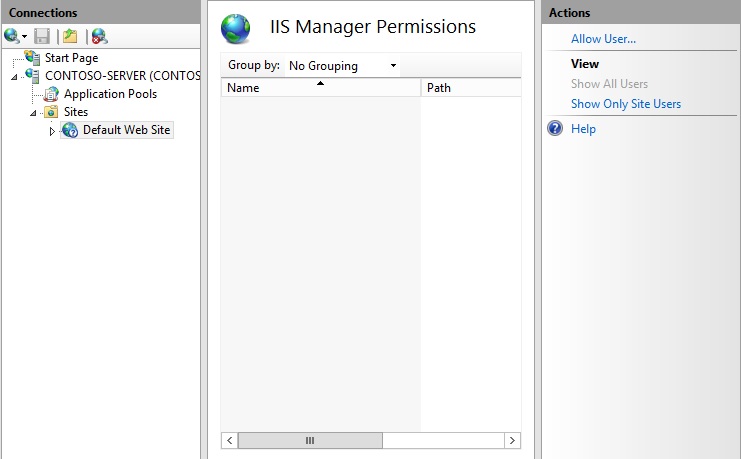 Screenshot of the I I S Manager Permissions pane. The Actions pane is displayed on the right. The Allow User button is in the Actions pane.
