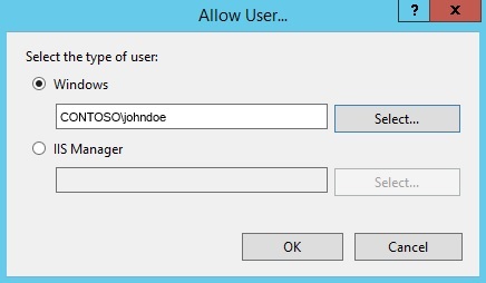 Screenshot of the Allow User dialog box. Windows is selected. In the Windows box there is the text C O N T O S O backslash john doe. The O K button can be found at the bottom.