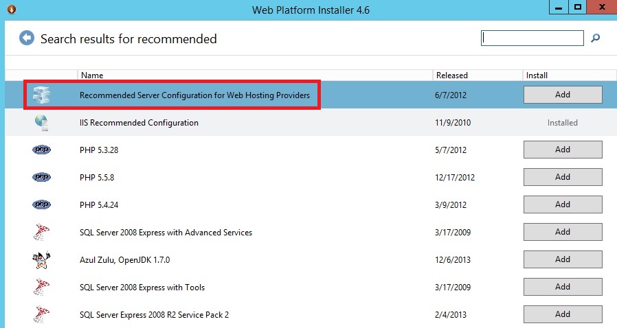 Screenshot of Web Platform Installer four point six. The Recommended Server Configuration for Web Hosting Providers option is highlighted.
