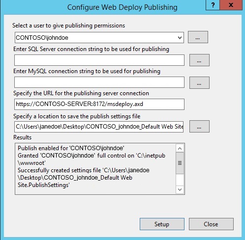Screenshot of the Configure Web Deploy Publishing dialog box. Under Select a user to give publishing permissions is the text C O N T O S O backslash john doe. The Setup button is shown.