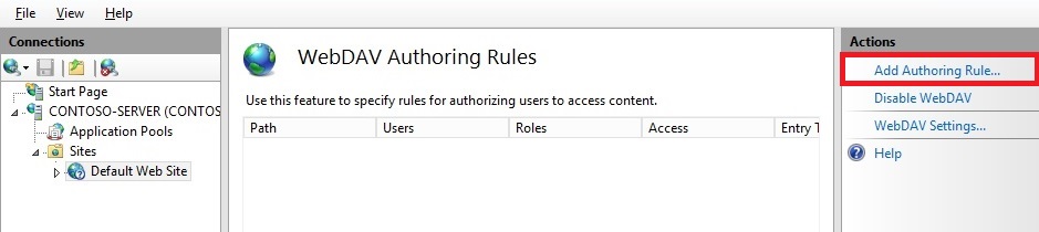 Screenshot that shows the Web DAV Authoring Rules pane. Add Authoring Rule is highlighted in the Actions pane.