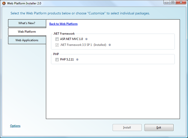 Screenshot of the Web P I Web Platform tab with customization options listed.