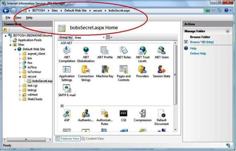 Screenshot showing contents of Secure web directory including default dot a s p x and bobsSecret dot a s p x.