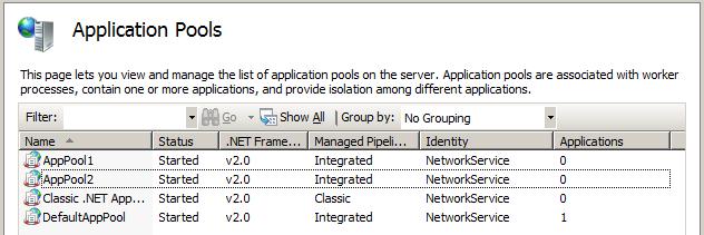 Screenshot of the Application Pools screen showing a list of application pools on the server.
